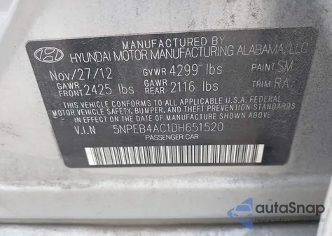 2013 Hyundai Sonata Gls z USA, uszkodzony, nr VIN 5NPEB4AC1DH651520